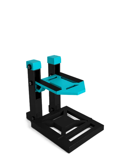 TE Racing single layer RC car display stand, black base with teal shelves