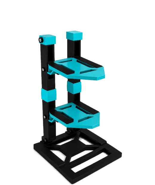 TE Racing stand after a Single to Double upgrade, black base with teal shelves