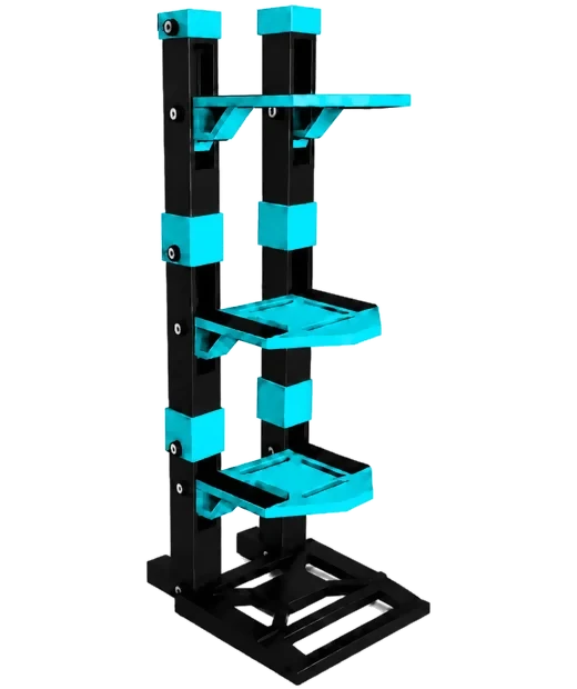 TE Racing triple layer RC car display stand, black base with teal shelves