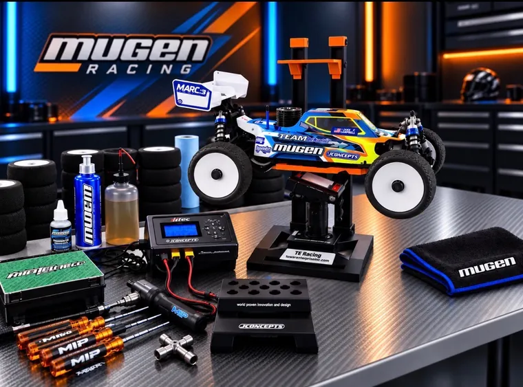 TE Racing double layer RC car display stand holding a 1/8 nitro buggy on a pit bench