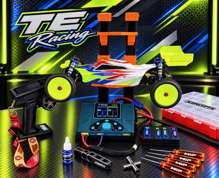 TE Racing double layer RC car display stand holding a 1/10 electric buggy