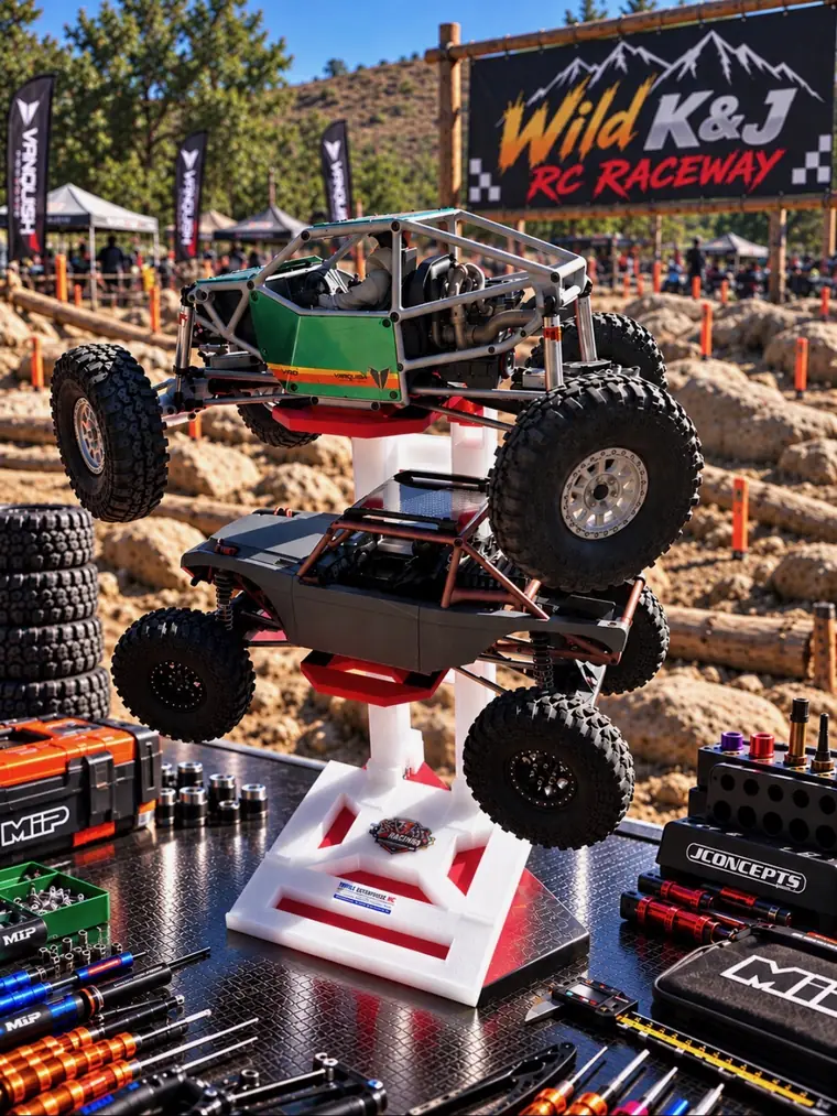 TE Racing double layer RC car display stand holding two rock crawlers on a pit table at the track