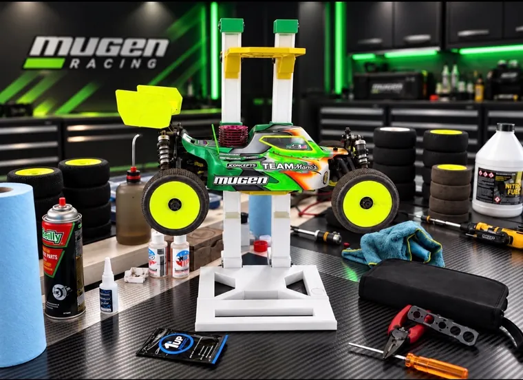 TE Racing double layer RC car display stand with a nitro buggy and pit gear