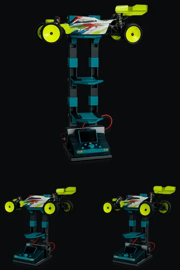 TE Racing stands holding 1/10 scale RC buggies