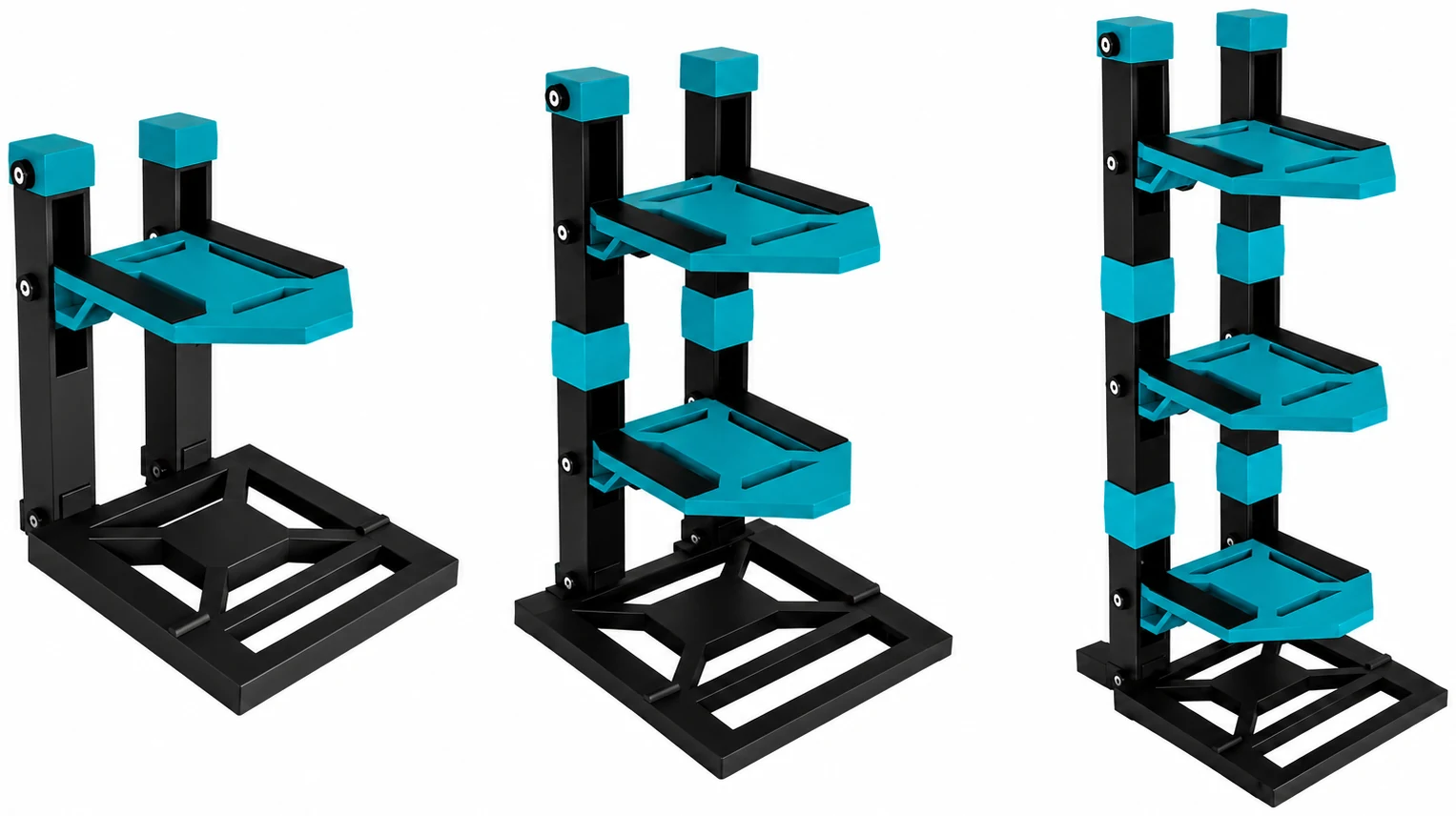 Single, double and triple TE Racing RC car display stands side by side