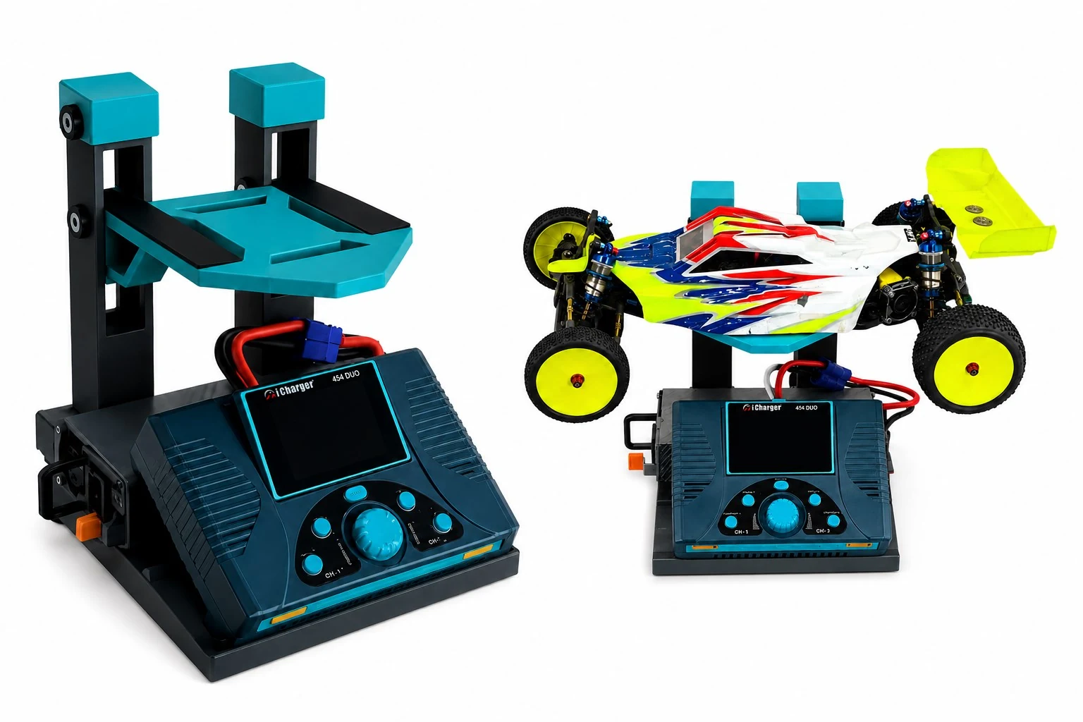 A TE Racing stand on a workbench with a 1/10 scale RC buggy and a charger