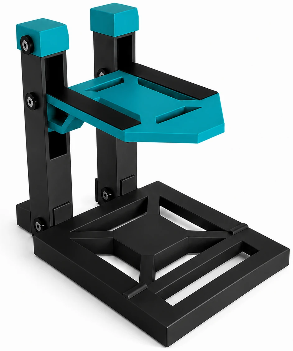 TE Racing single layer RC car display stand, black base and rails with teal shelf, sleeves and caps